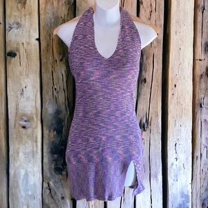 Brooklyn Karma purple green tan ribbed halter tunic top S